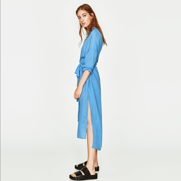NWT Zara Bright Blue Maxi Shirt Midi  Dress - Picture 4 of 7